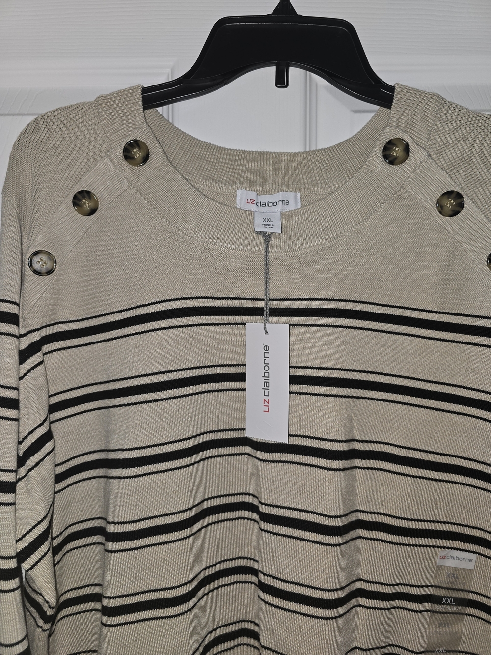 Liz Claiborne Cream and Black Striped Crewneck with Shoulder Buttons
